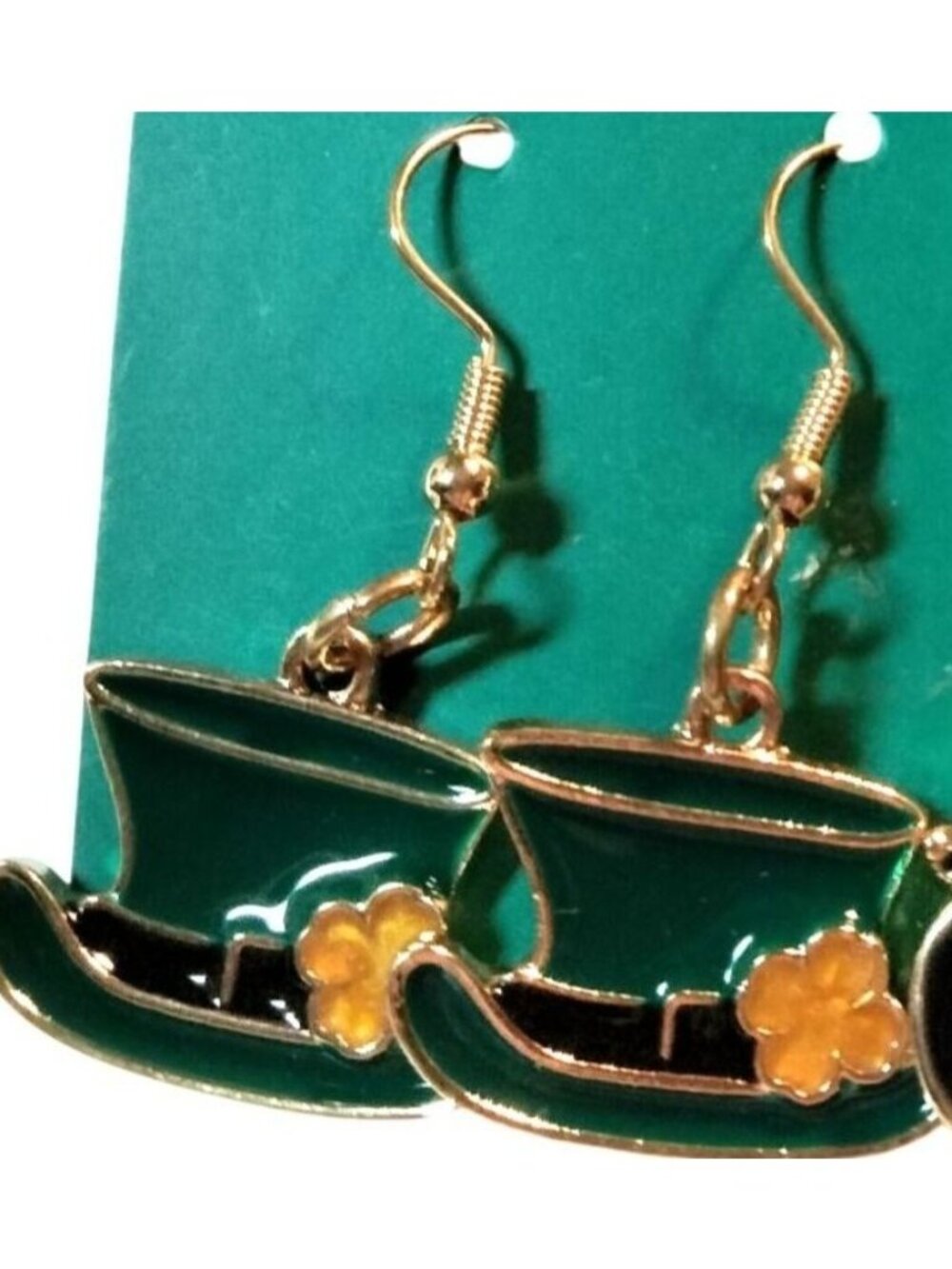 St Patricks Day Green Leprechaun Hat Dangle Earrings Clover Accents